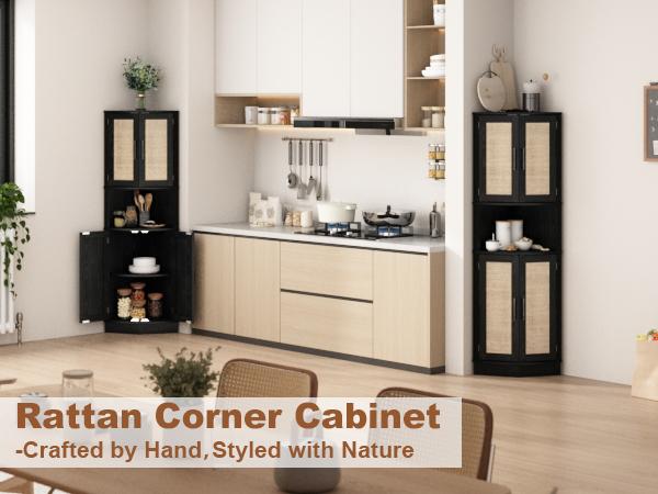 PieDle Furniture Tall Bohemian Rattan Corner Storage Cabinet - 4 Doors, 5 Shelves, 64.7" Height, Ideal for Living Room, Kitchen, Bathroom & Office Organization