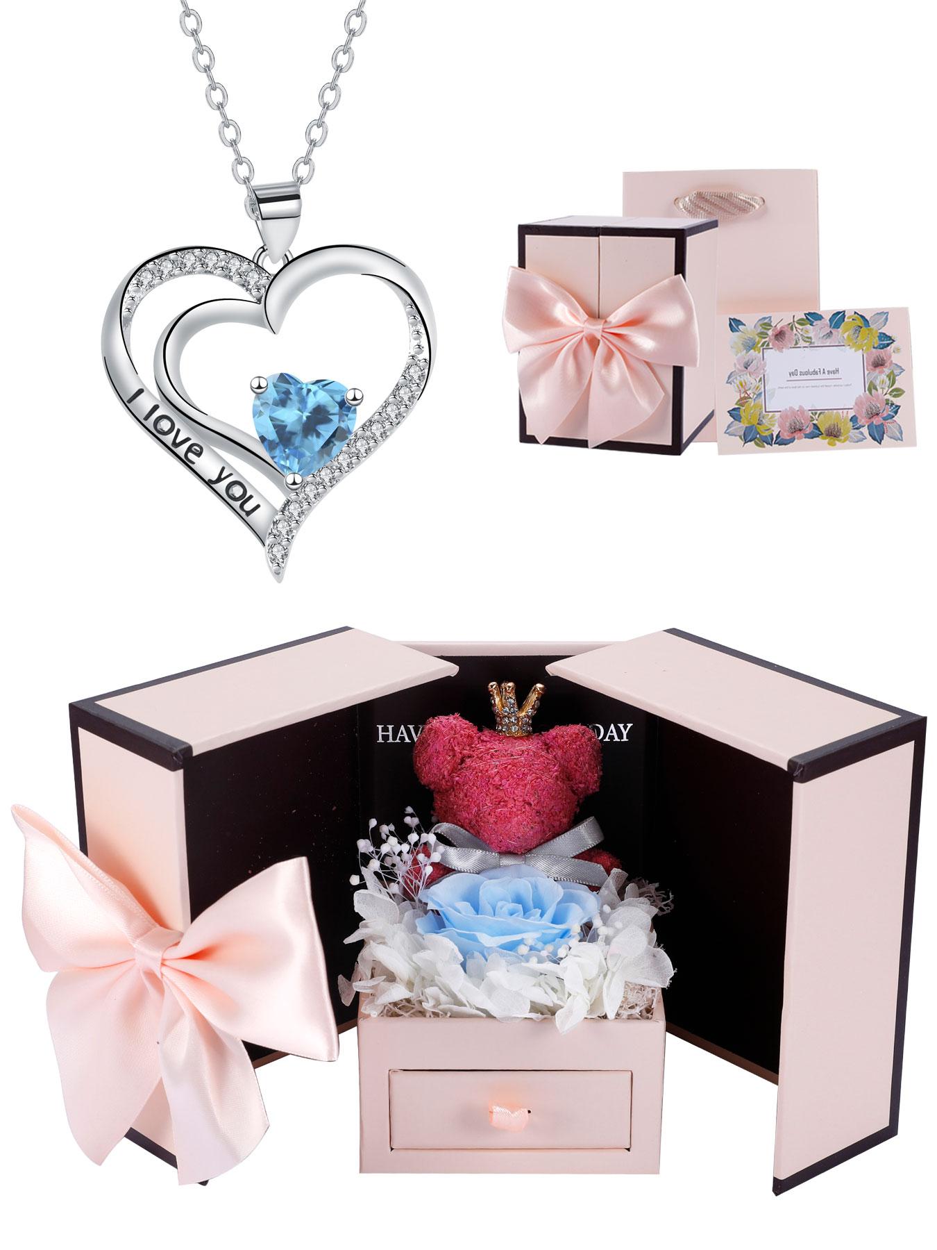 Heart Shaped Cz Birthstone Necklace, I Love You Pendant, Mos Bear Rose Jewelry Gift Box, Girlfriend Birthday Anniversary Present, Exquisite Jewelry Gift