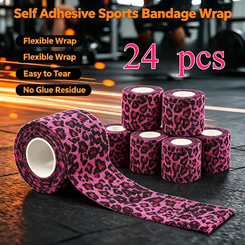 24-Pack Pink Leopard Print Self-Adhesive Sports Tape - Elastic Wrap, Breathable Non-Woven Dressing, Retractable Roll, No Sticky Residue, Ideal for Wrists, Ankles, Gym Use