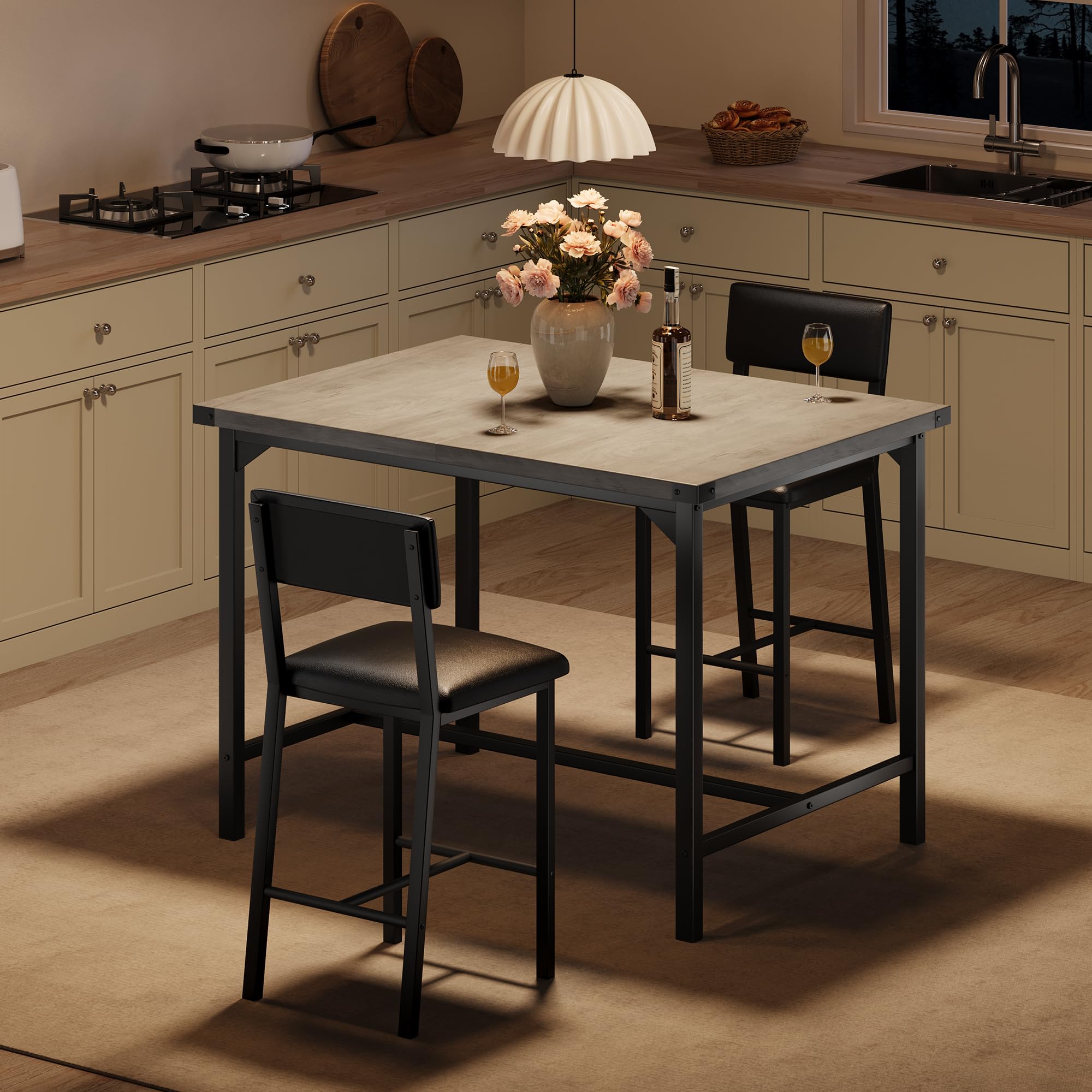 Dining Table Set for 2 w/Counter Height Table & 2 Upholstered Bar Stools, 3-Piece Kitchen Table Set with Footrest & Corner Protector, for Kitchen Room, Apartment