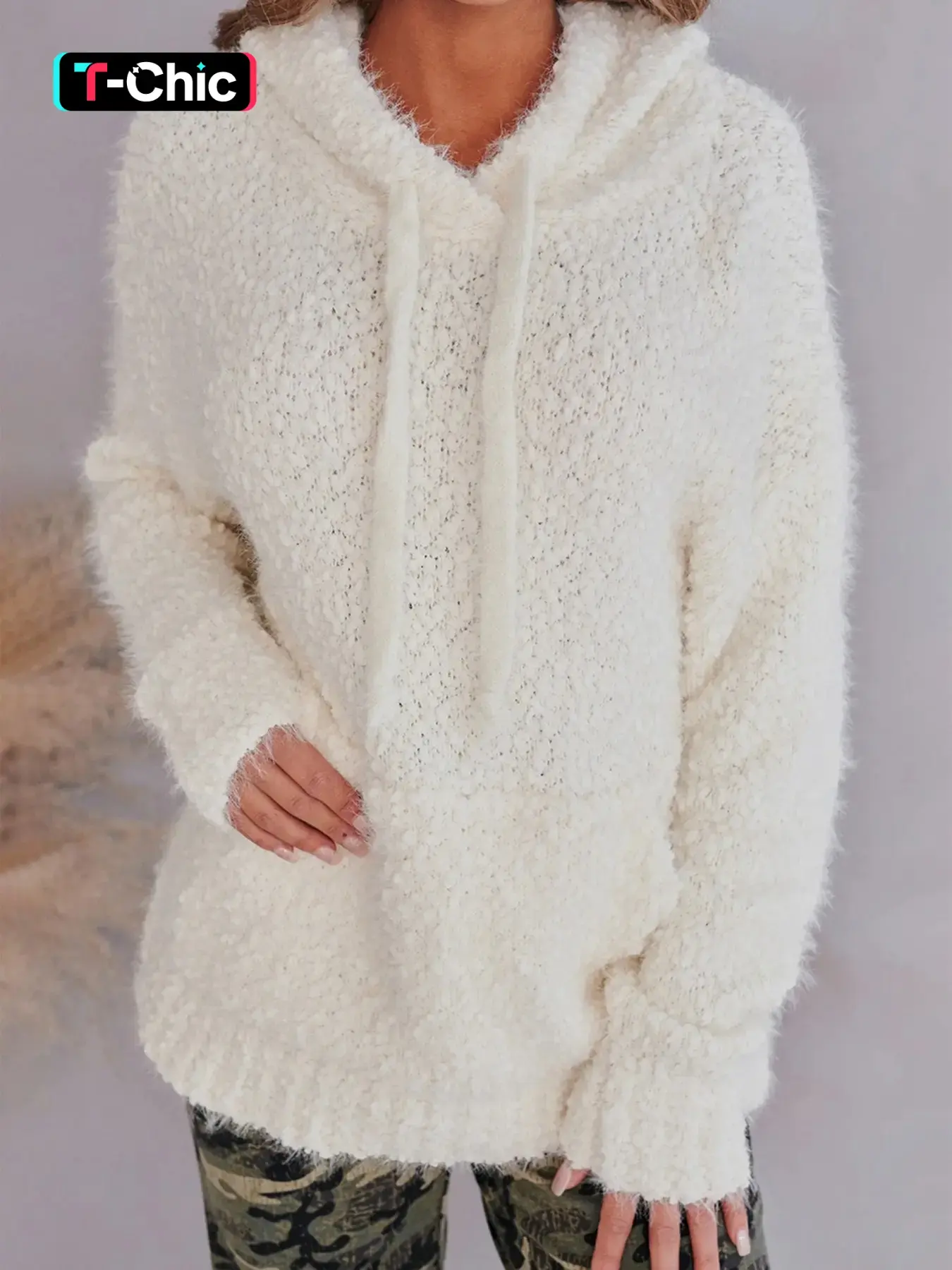 Women's Solid Drawstring Drop Shoulder Fuzzy  Hooded Sweater Pullover, Casual Long Sleeve Pocket Hooded Jumper for Fall & Winter, Women's Knitwear for Daily Wear