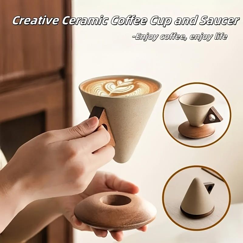 250ML Handmade Ceramic Coffee Cup, Wide Mouth Latte Mug with Heat-Resistant Wooden Handle, Ideal for Home & Office, Perfect Gift