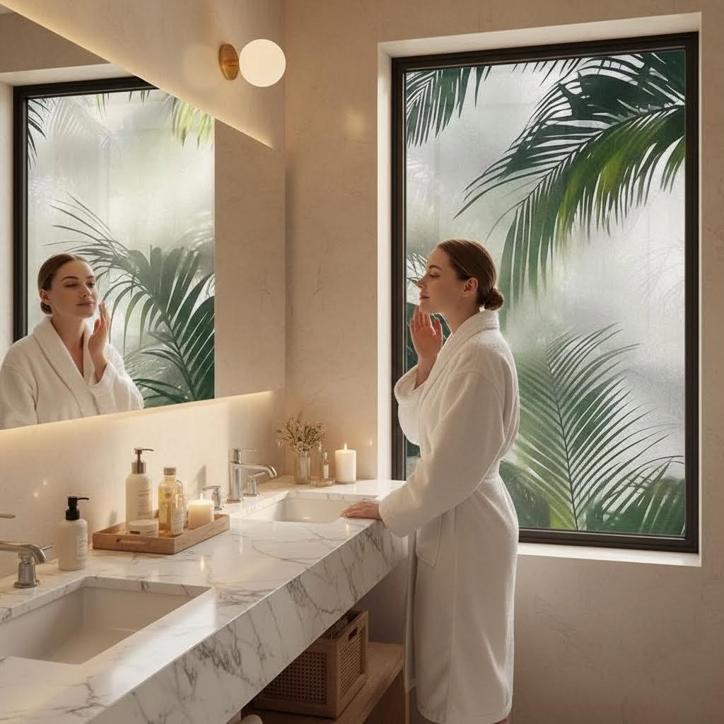 Tropical Palm Leaf Privacy Window Film, No Glue Static Window Film, Removable Home Kitchen Window Sticker, Cuttable UV Protection Window Film