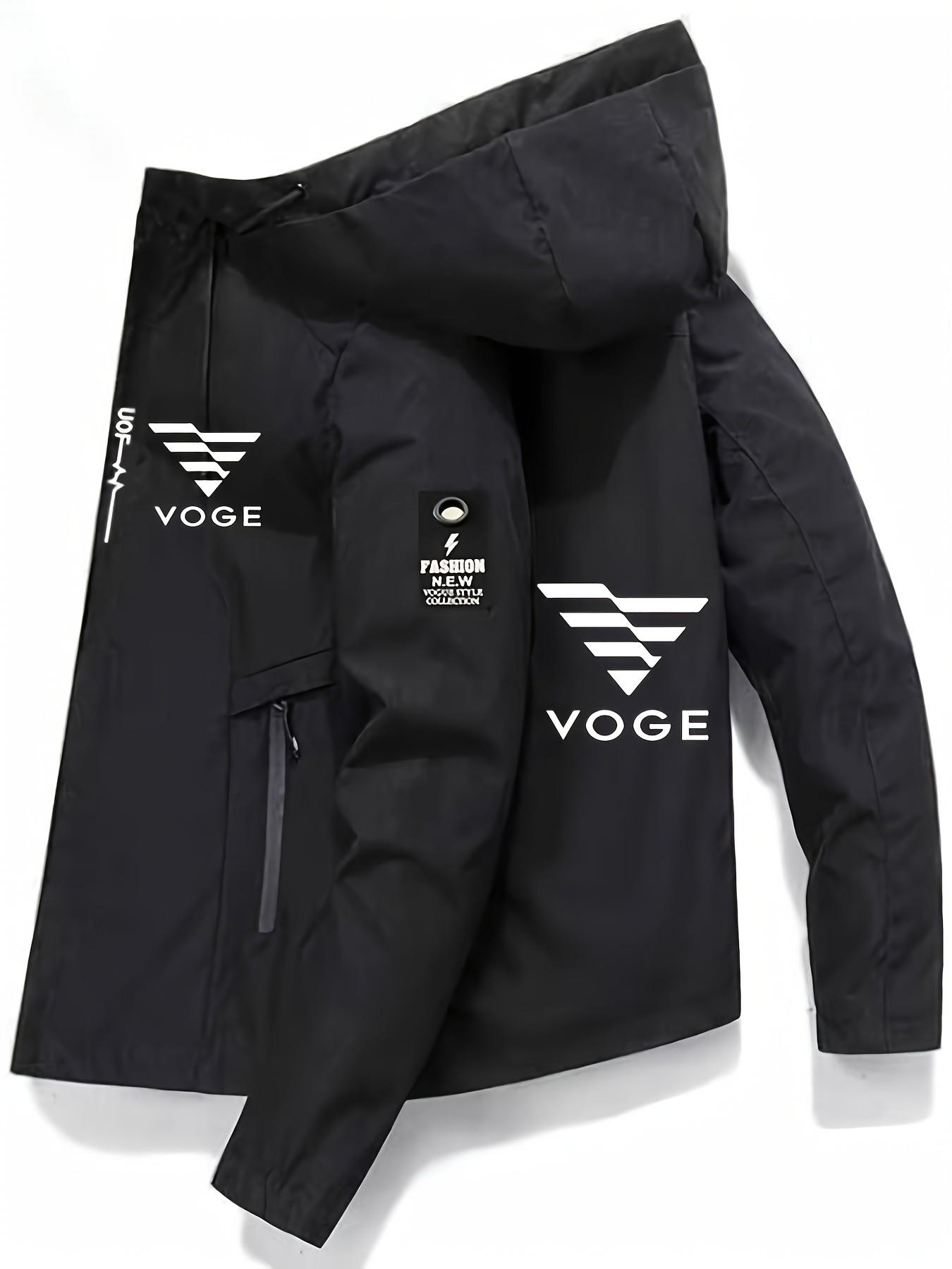 Men's Fashion High-Quality Voge Logo Hooded Zipper Windproof Cycling Jacket, Long Sleeve, Fitted, Outdoor Sports, Spring & Fall