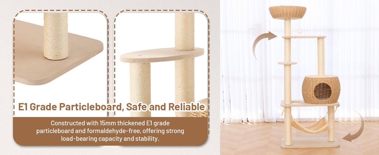 Multi - Level Rattan Cat Tree Tower with Scratching Posts & Lounging Areas for Indoor Cats