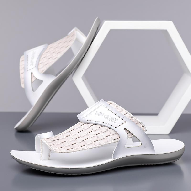 Men's Summer New Sandals, Letter Print Straw Texture, Trendy Anti-Slip Thin Sole, Casual Beach Shoes, Fashionable and Comfortable