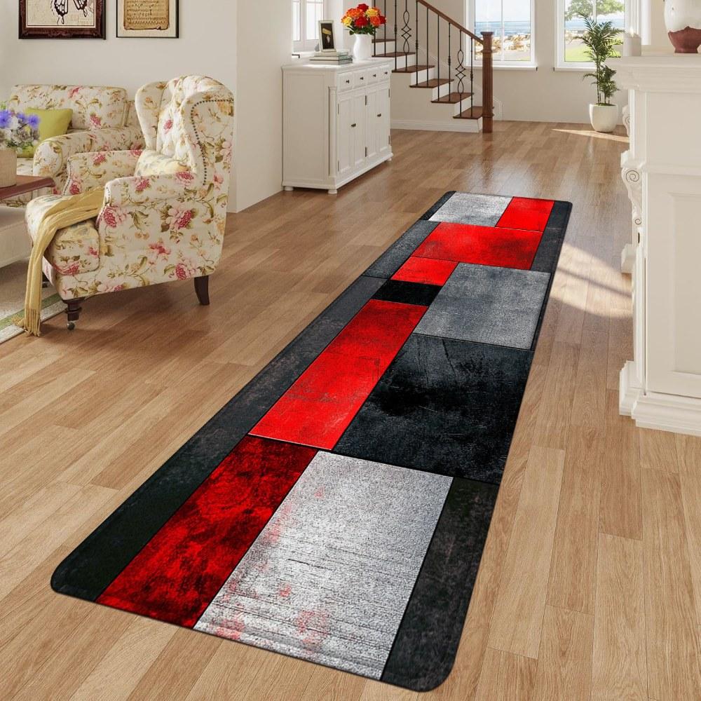 1PC， Red Black Gray Geometric Splicing Patterned strip rugs, home décor, bathroom mats, entryway mats, bathroom non-slip mats, indoor entrance rugs, bedroom bedside mats, kitchen mats, hallway rugs, flannel sponge rugs, hallway runner rugs