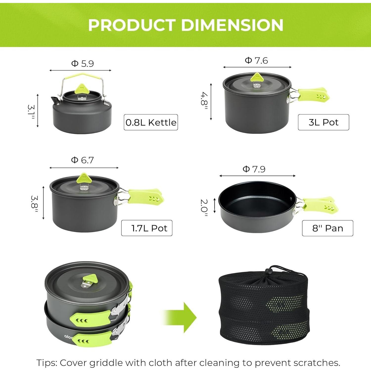 Camping Cookware Set - Lightweight Camping Pots and Pans - Portable Outdoor Cookware with Kettle - Camping Cookware Mess Kit for 2