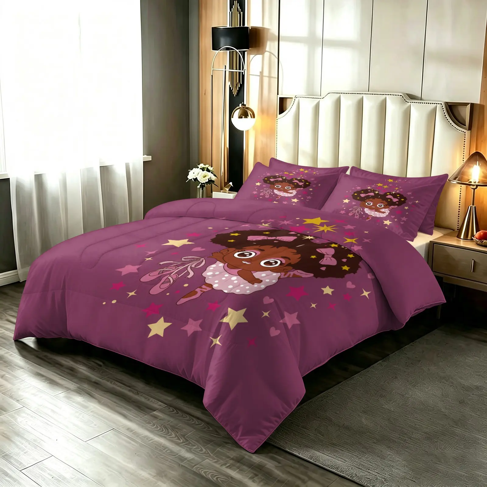 3-Piece Cartoon Dancing Girl Star Pattern Thick Bedding Set, Soft and Comfortable, Ideal for Bedroom, Guest Room, All-Season Home Decor