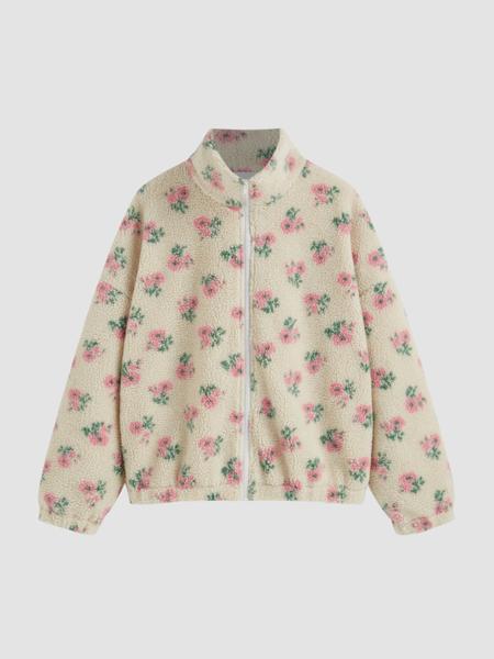 Women's Floral High Neck Zipper Jacket, Casual Fleece Lined Coat, Long Sleeve Button Front Outerwear, Fall & Winter Fashion