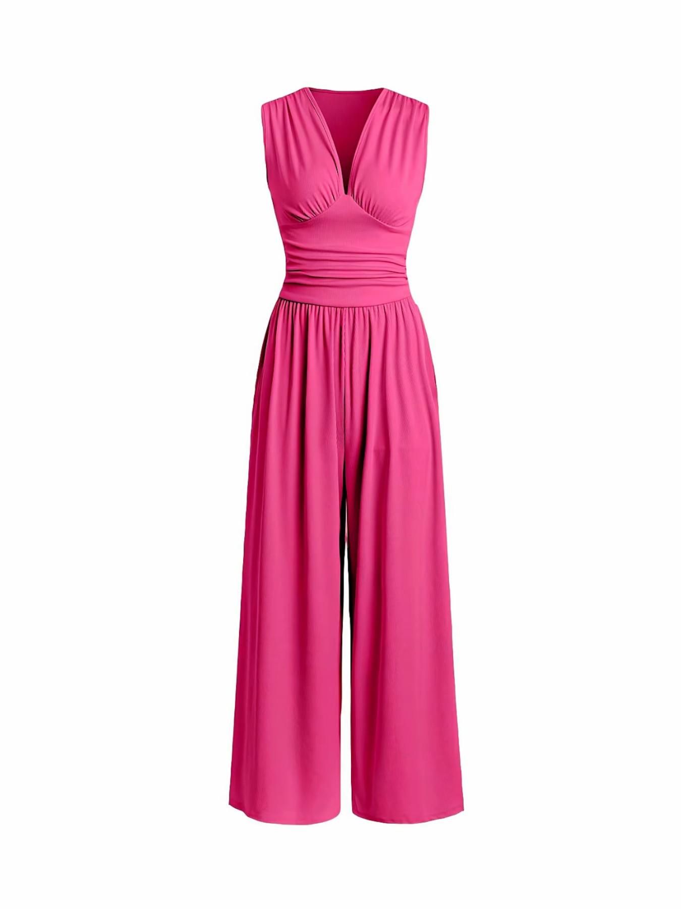 Women's Plain Ruched Deep V Neck Wide Leg Jumpsuit, Sleeveless Ribbed Jumpsuit for Daily Wear, Ladies Clothes for All Seasons, Casual Basic Jumpsuit, Casual Jumpsuits