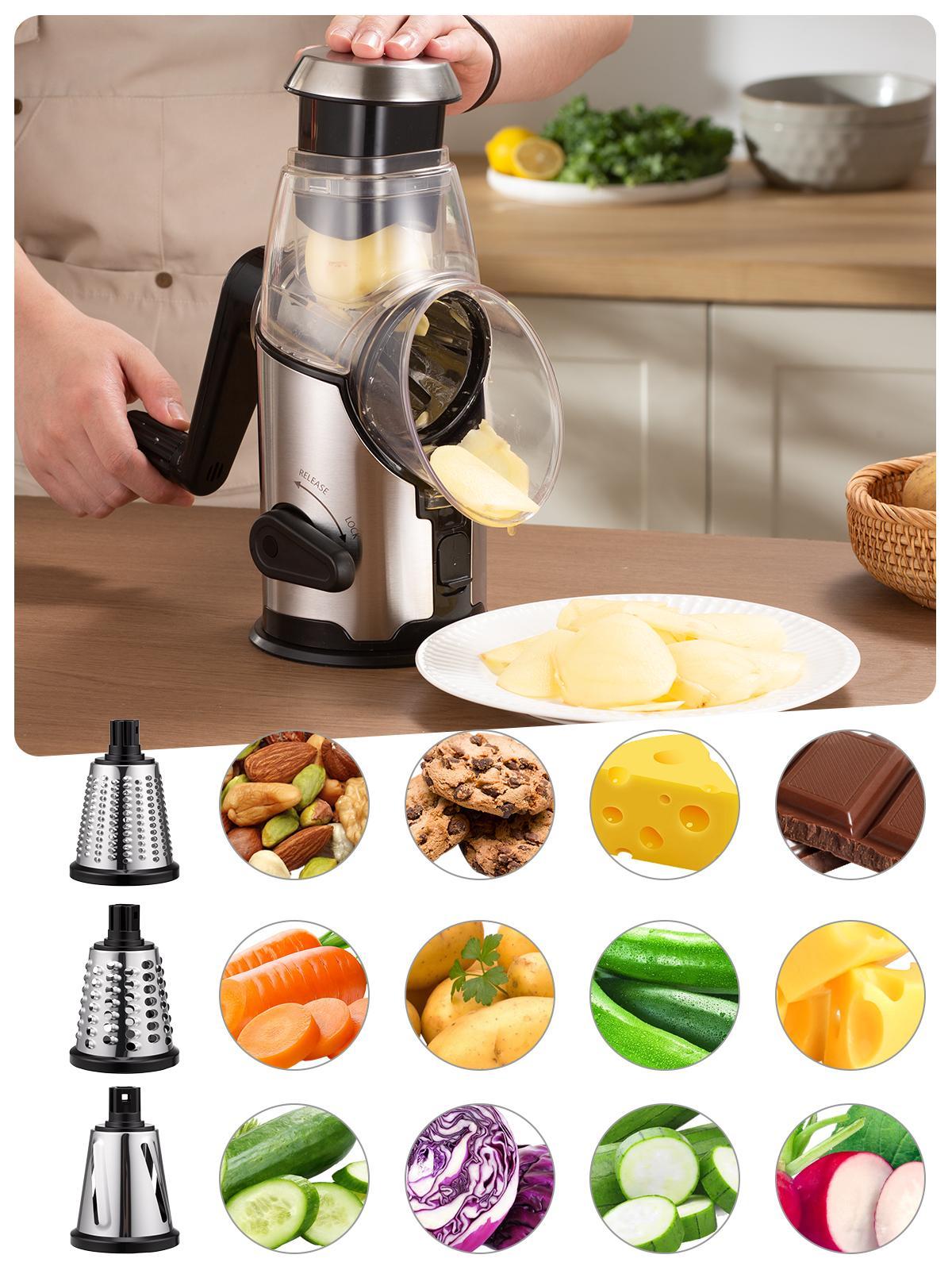 Kitchen Rotary Cheese Grater with Handle -Mandoline Slicer with 3 Stainless Steel DrumBlades-Vegetable Slicer Walnuts Grinder Cheese ShredderRound Mandoline with Peeler, Christmas Gift in Black Friday