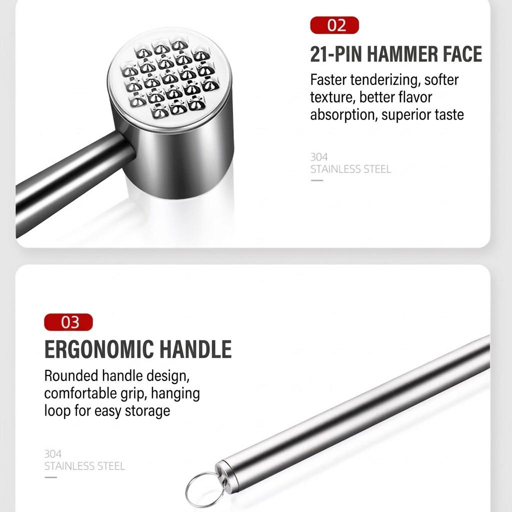 304 Stainless Steel Multi-Use Meat Tenderizer Hammer, Kitchen Tool for Cooking, Durable and Versatile, Perfect for Home Use