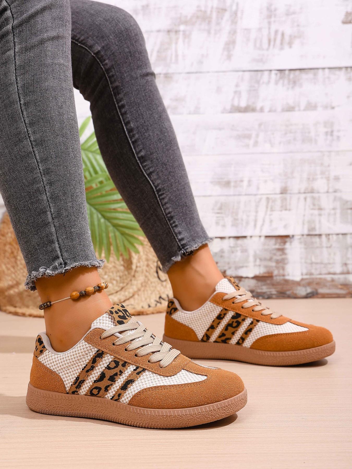 Leopard Print Patchwork Training Shoes, Vintage Three Stripe Casual Agony Shoes, Versatile Women's Footwear, Trendy and Comfortable