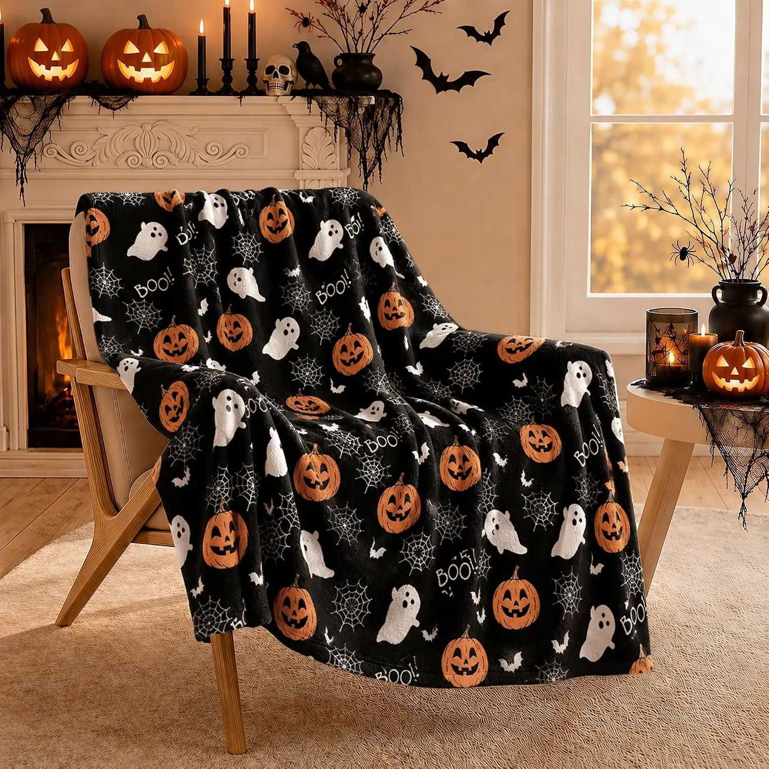 Halloween Ghost Print Throw Blanket - Soft Warm Lightweight Wrinkle-Free Polyester Blend Flannel, Multi-Size, Home & Travel Use, Halloween Gifts, Indoors/Outdoors Cozy Space Decoration