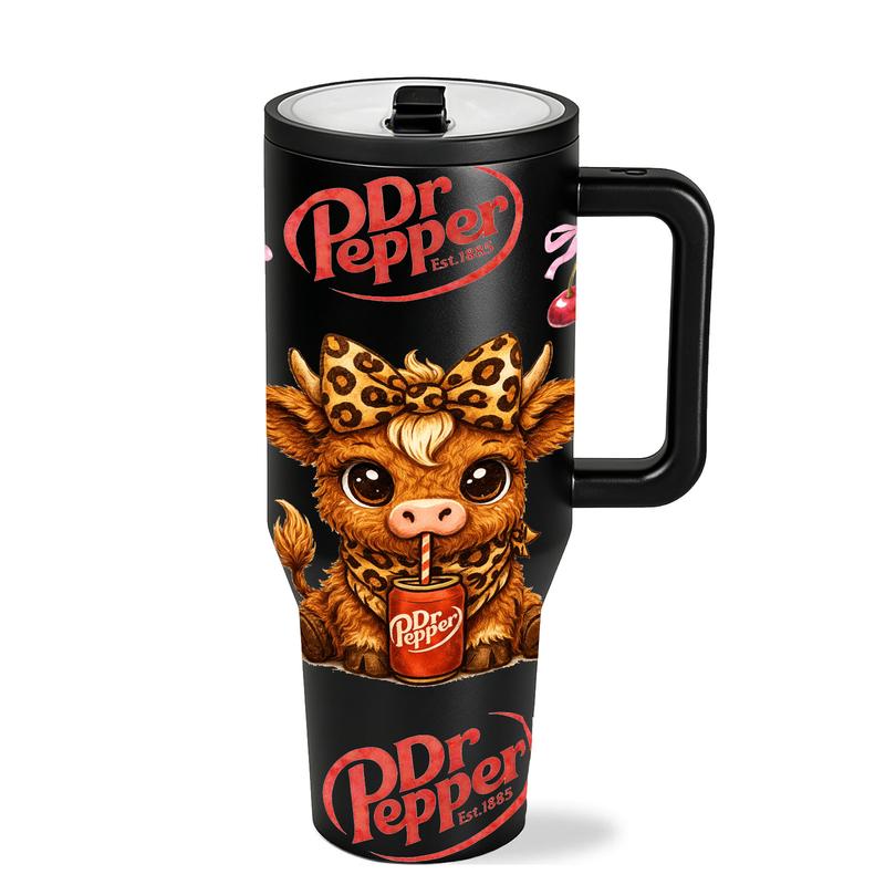 40oz insulated mug Dr Pepper soda print, leopard highland cow cute cartoon design, aesthetic thermal mug, double wall vacuum stainless steel, straw lid with handle, leak proof, keeps hot 12 hours cold 24 hours, valentines birthday daily gift