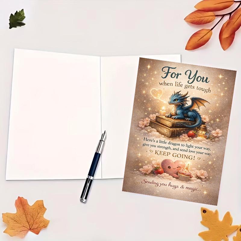 1 Set ( 1 Card+ 1 Envelope) ,Encouragement Greeting Card | Cute Dragon and Heart Design Perfect for Sending Strength, Love, and Support To Friends, Family, or Colleagues Facing Tough Times - Paper, English Language, Fantasy Theme,High-quality Paper