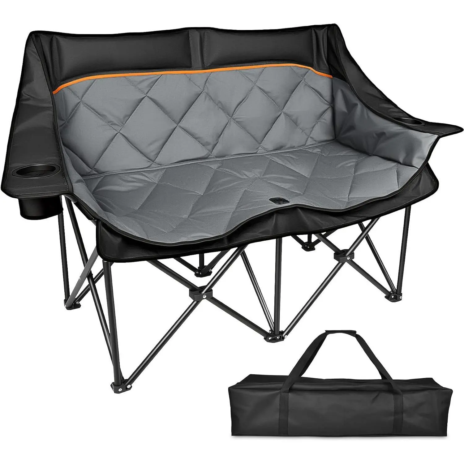 Oversized Padded Heavy-Duty Double Camping Loveseat Chair for Adults, Adult Fit Folding Seat with Cup Holders, Side Pockets, Includes Bag for Outdoor Lounging, Padded Fabric, Lawn Backyard Patio Use