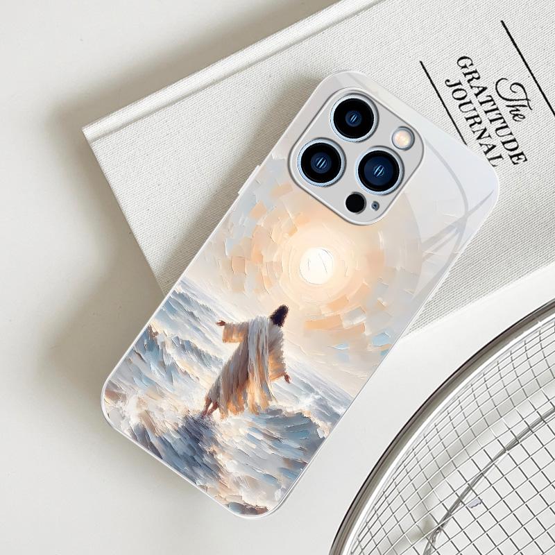Jesus oil painting phone case, Christian faith art glass cover with lanyard — Mother’s Day gift for iPhone 17/16/15/14/13 Pro Max and Samsung S26/S25 Ultra — 975 — 975