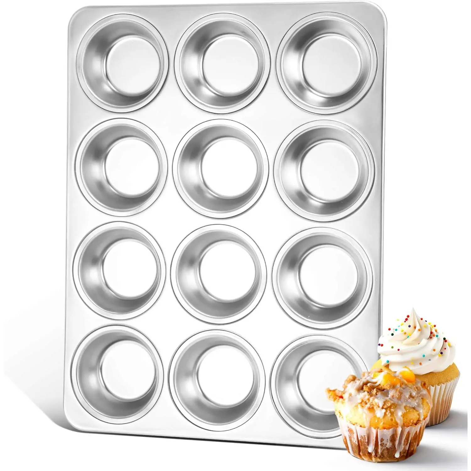 12-Cup Stainless Steel Muffin Pan Tin for Baking, Metal Cupcake Tray Set for Making Egg Muffin Quiches, Mini Brownie, Easy to Clean & Quick Release, Oven & Dishwasher Safe