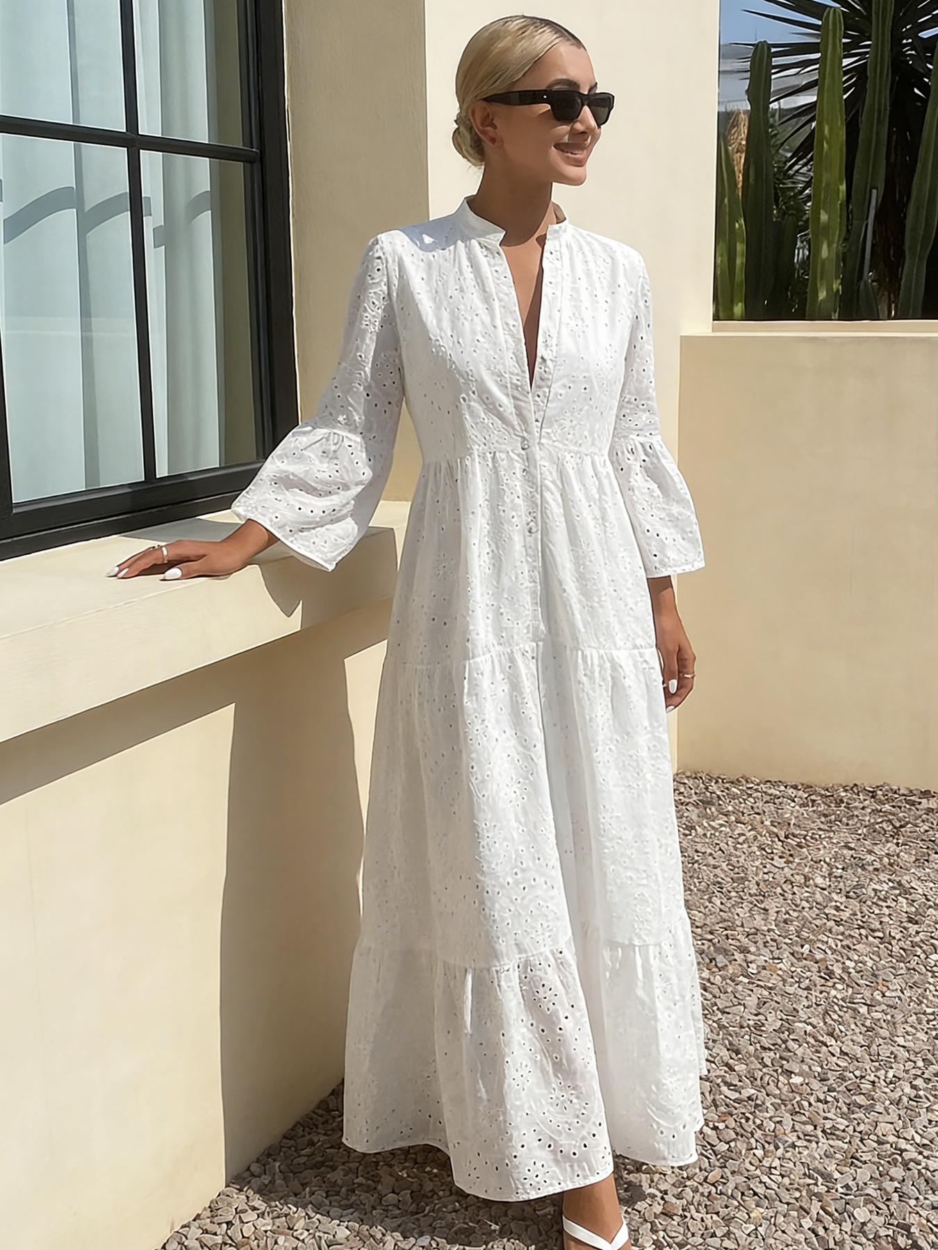 A women's white fashionable French flared sleeve tunic dress with elegant French style, Modest Summer Outfit, suitable for commuting to work, shopping and outdoor activities, indoor and outdoor dressing A women's white fashionable French flared sleeve tunic dress with elegant French style, Modest Summer Outfit, suitable for commuting to work, shopping and outdoor activities, indoor and outdoor dressing