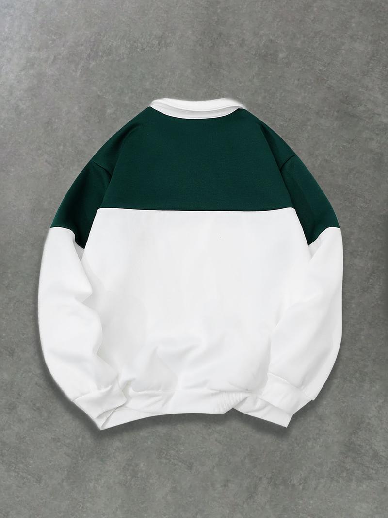 Men's Regular Fit Contrast Trim Zip Up Half Placket Sweatshirt, Casual Comfy Long Sleeve Collared Pullover for Spring & Fall, Fashion Men's Top for Daily Wear, Hoodie