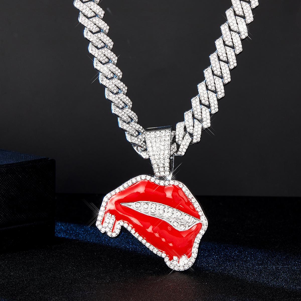 Diamond-studded oil-drip sexy red lip pendant hip-hop personalized creative alloy Cuban chain necklace
