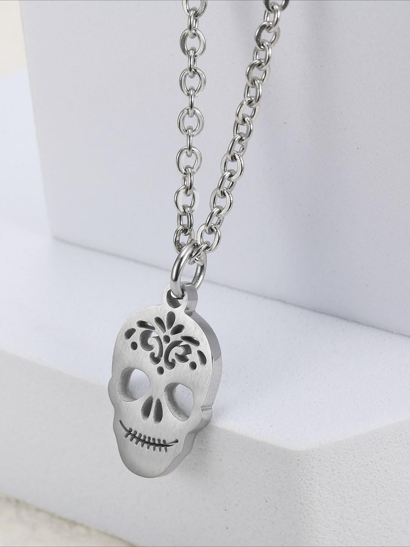 Stainless Steel Skull Pendant Necklace, Hip-hop Punk Style Accessory, Halloween Necklace
