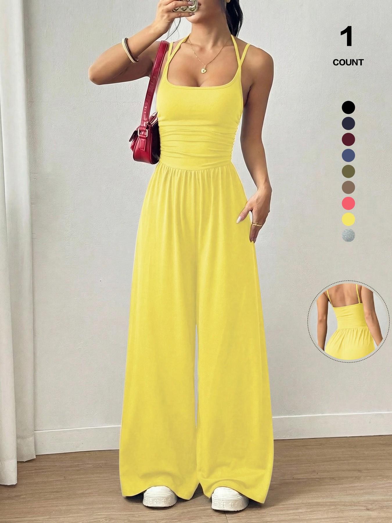 Women's Sexy Backless Jumpsuit, Spaghetti Strap Design, Smocked Bodice, Elegant One-Piece Romper, Ideal for Party Wear