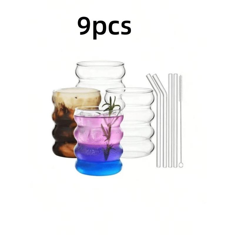 9 Piece Premium Clear Wavy Ripple Glass Tumbler Set Heat Safe Borosilicate Glasses Matching Glass Straw And Cleaning Brush, Drinkware