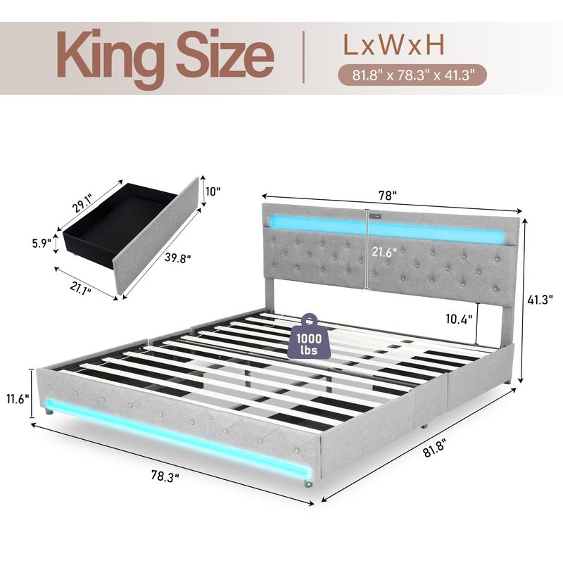 King/Queen LED Bed Frame with 4 Storage Drawers and 2 USB Ports, Modern Upholstered Button Tufted Headboard Bed Frame, Solid Wooden Slat Support, No Box Spring Needed, Dark Grey/Light Grey