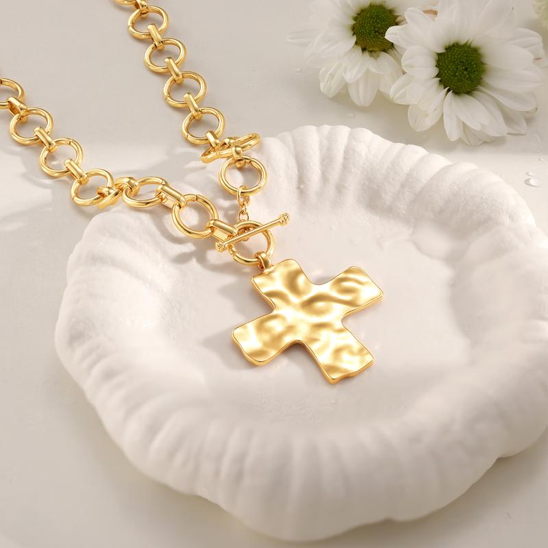 Tewiky Gold Chunky Necklace For Women Statement Cross Pendant Necklace Layered Hammered Bold Cross Necklace Vintage Toggle Clasp Necklace Jewelry For Valentine's Day gifts