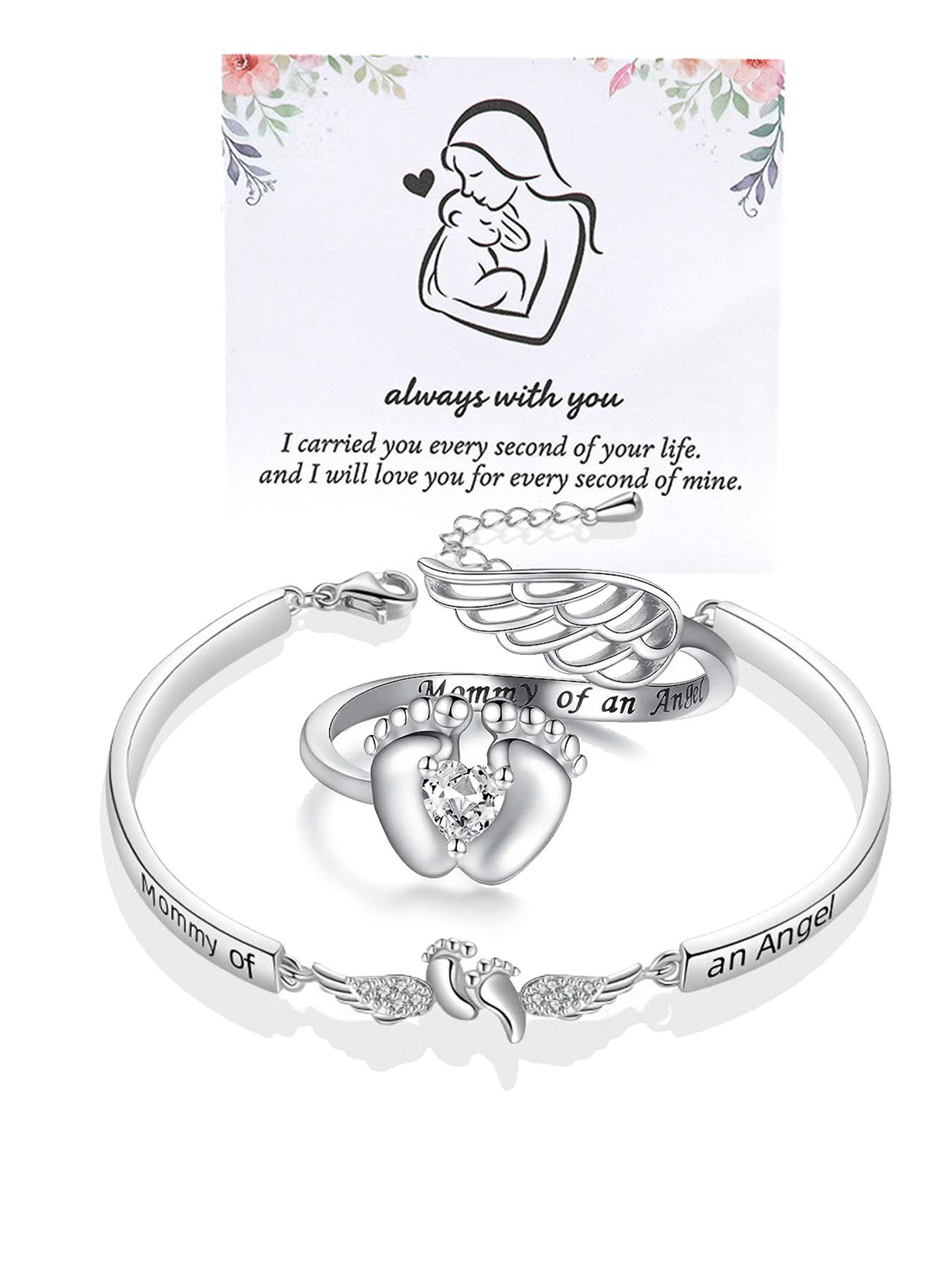 Mother's Day Angel Mom Bracelet, Cute Footprint Ring, Adjustable Infinite Circular Bracelet, Angel Baby Memorial Bracelet - With Angel Wings and Footprints as Remembrance Decorations. A Memorial Gift for the Baby's Death,For the strongest mother.