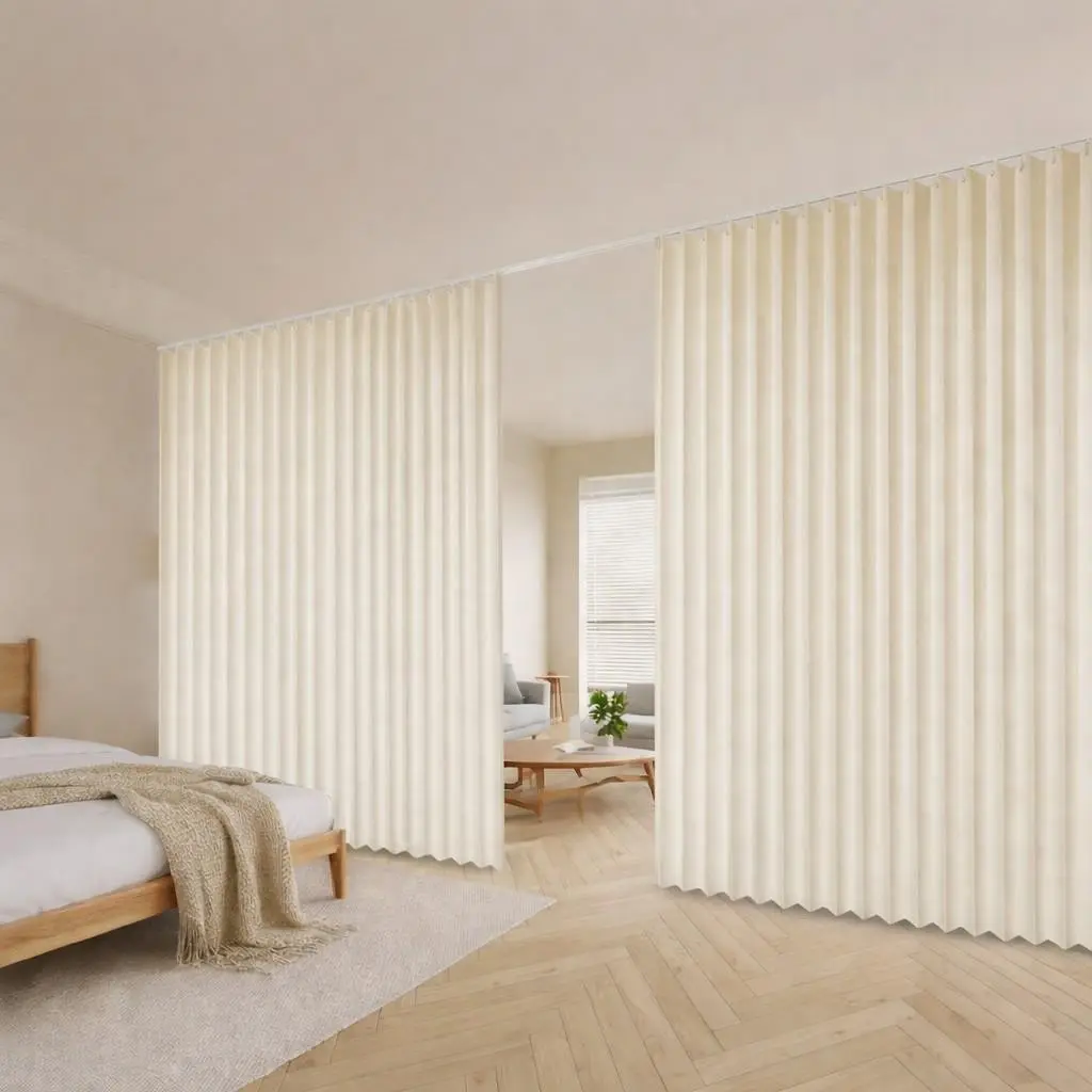No-Drill Blackout Room Divider Folding Door Curtain with Hooks, Easy Install Privacy Partition for Apartment and Dorm