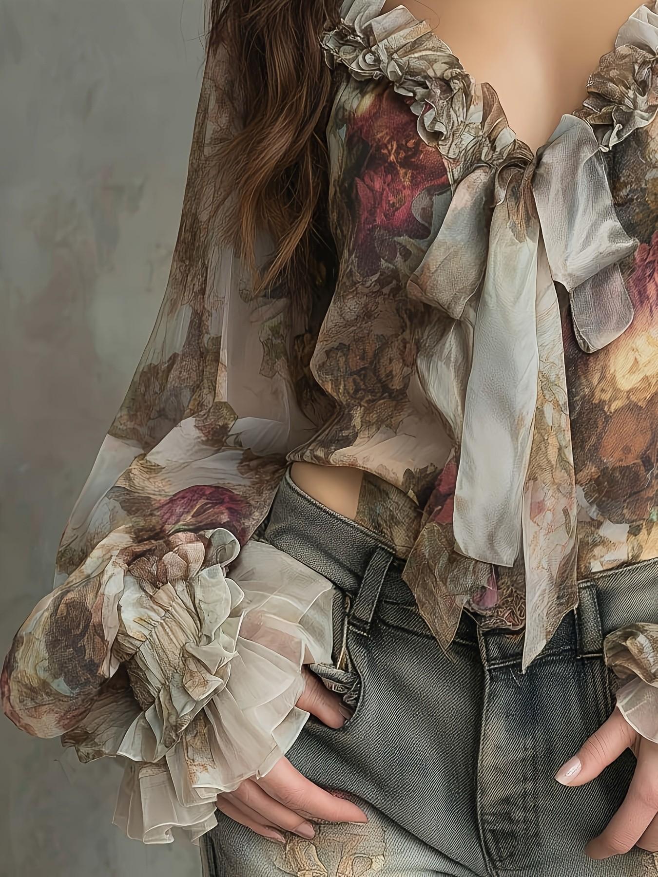 Women's Bohemian Vintage Floral Print V-Neck Bell Sleeve Long Sleeve Chiffon Blouse, Elegant Chic Summer Top, Lightweight & Flowy Design Shirt, Boho Style Shirt for Casual Wear, Boho Sleeve Top
