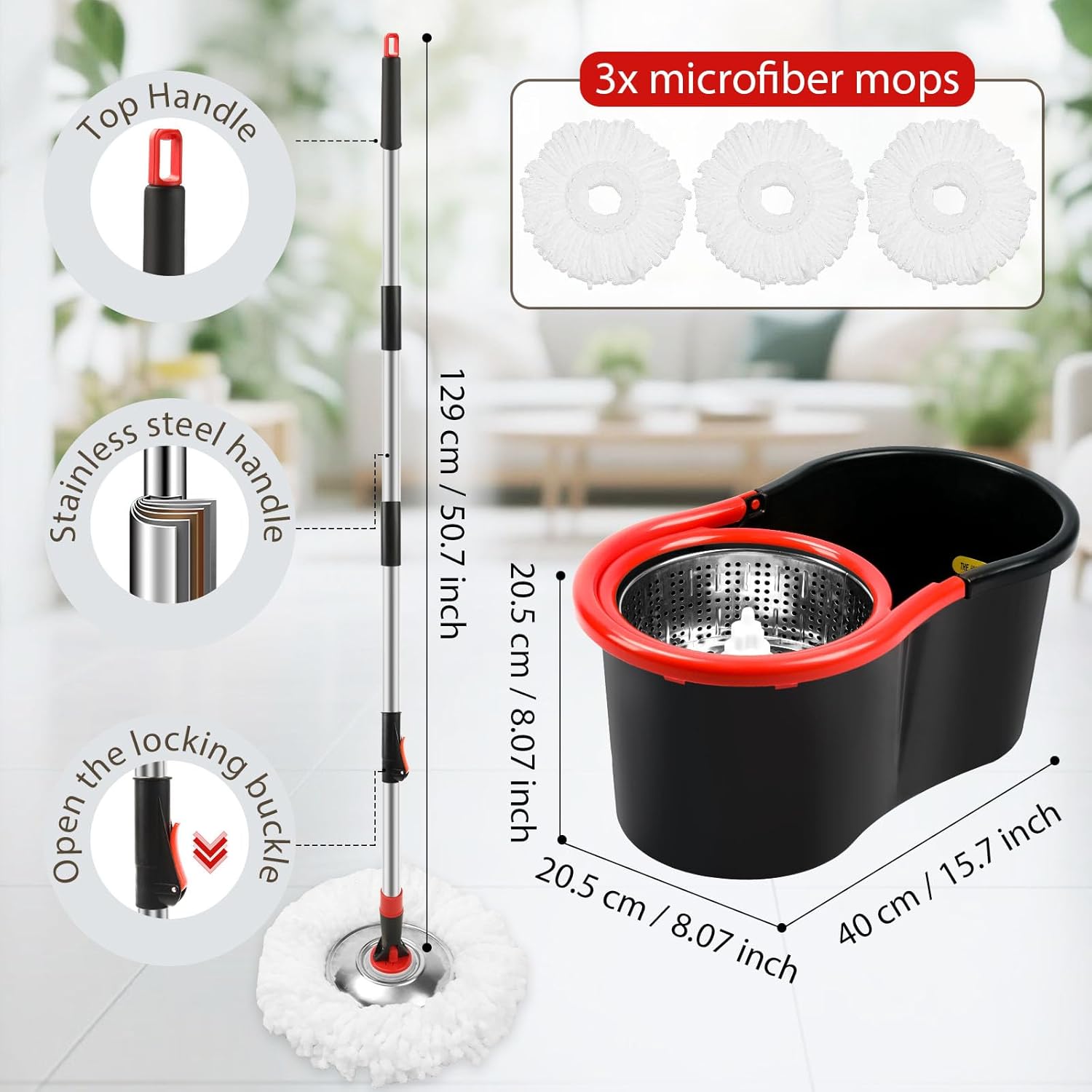 Spin Mop and Bucket with Wringer Set, 360° Spinning Mop Bucket System with 3 Microfiber Mop Replacement Heads, Adjustable Handle for Floor Cleaning