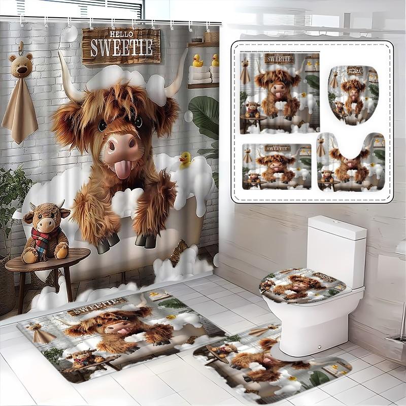 Cute Highland Cow Bubble Bath Bathroom Set, 4-Piece Shower Curtain Set, Home Bathroom Decor, Includes Mat, Toilet Cover, U-Shaped Pad
