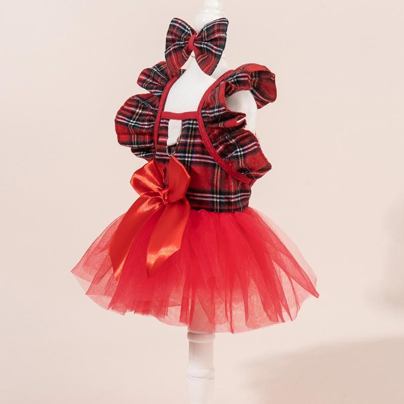 Cute Fashion Print Pet Dress with Bow, Plaid Pet Costume, Elastic Mesh Princess Dress, Puppy Cat, Complete Set