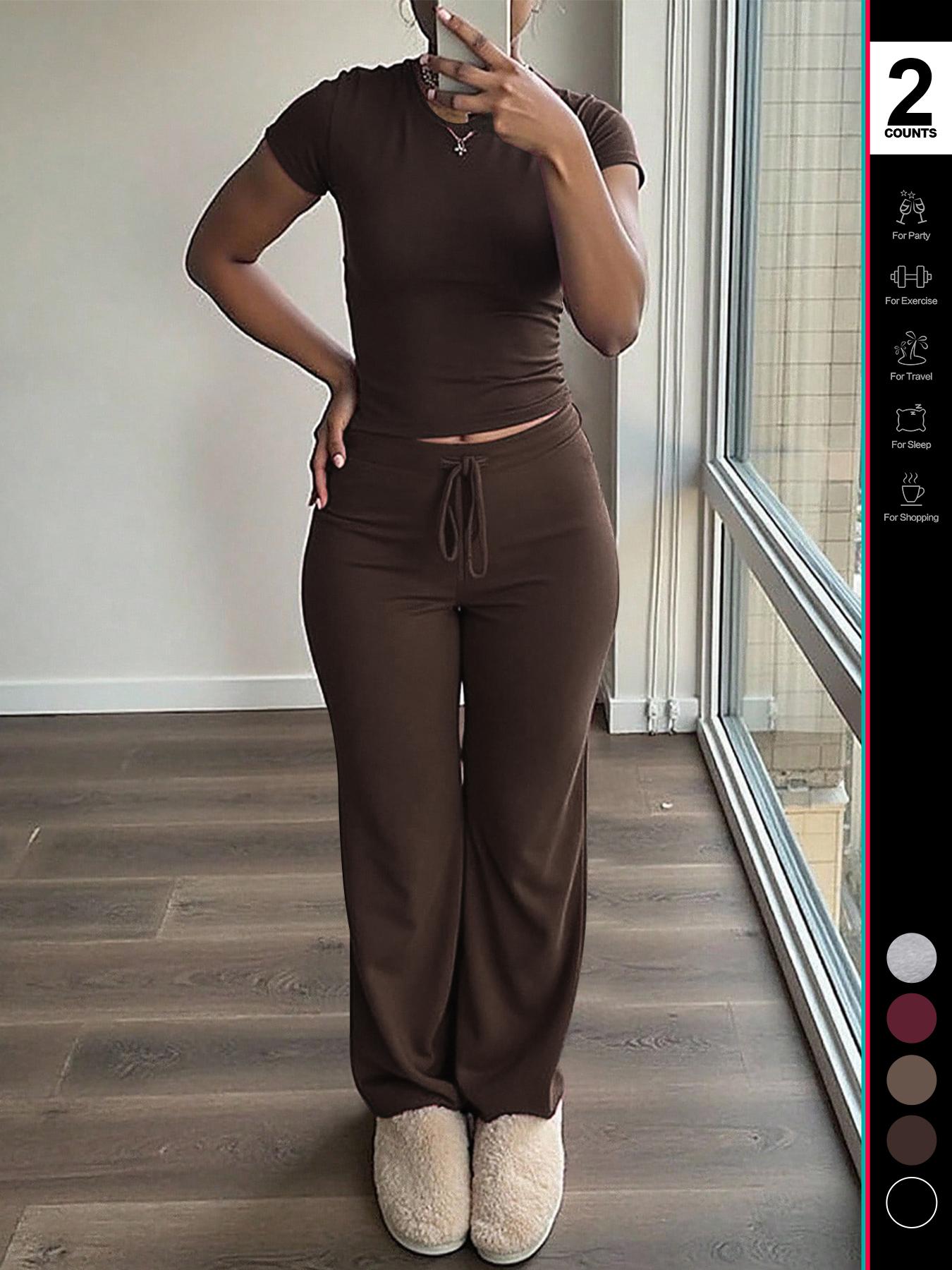 2026 Women's Two-Piece Y2K, Fitted Baby Tee & High-Waist Flare Lounge Pants, Stylish Loungewear Tracksuit Set, Textured Sweatsuit