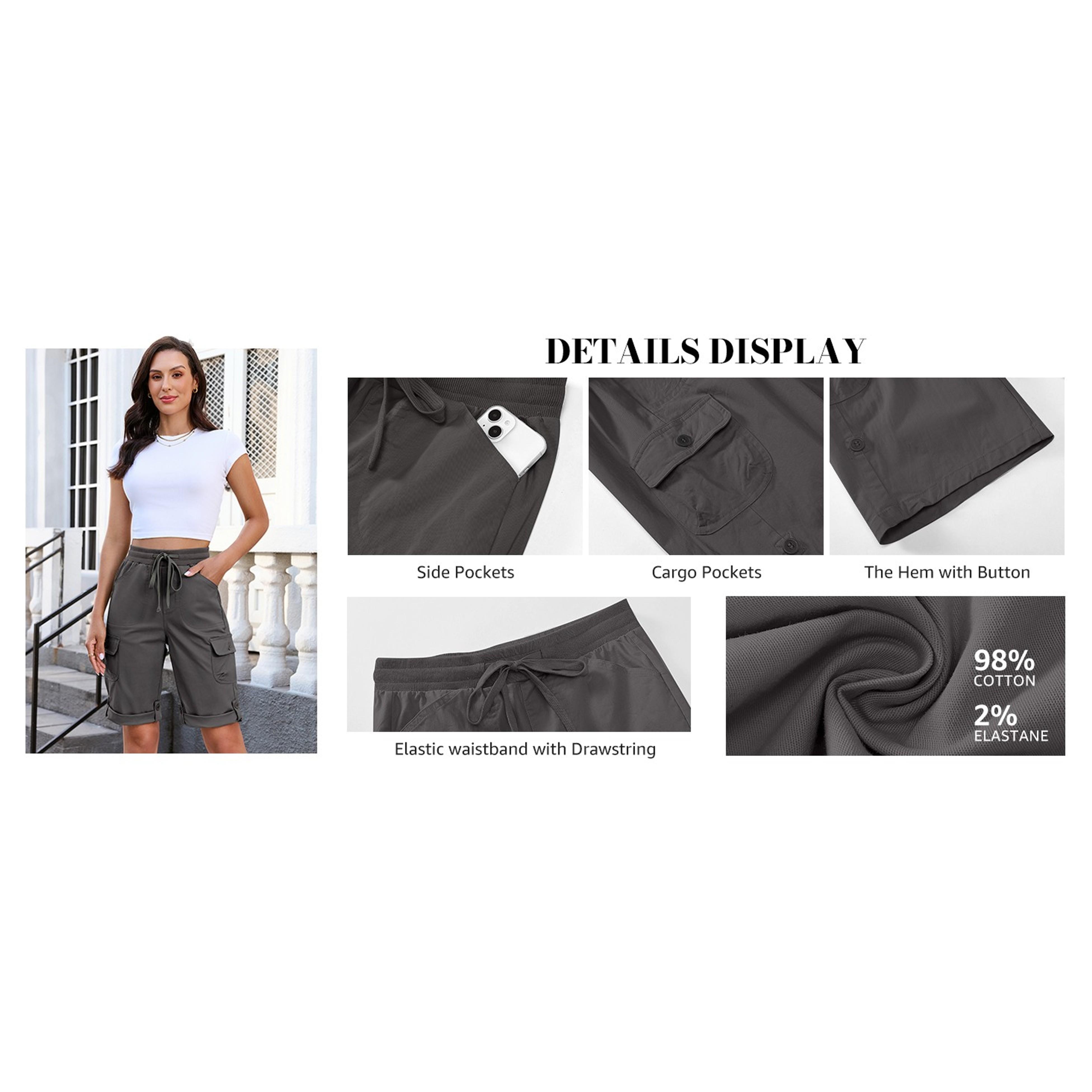 Ladies' Cotton Bermuda Shorts - High-Rise, Knee-Length, Pull-On Elastic Waist with Drawstring, Fold Hem, Casual Summer Chino Cargo Bottoms That Fits Daily Wear, Blouse, Pockets, Simple, Tank Top