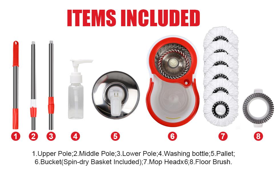 Spin Mop Bucket With Wringer Set, 6 Microfiber Mop Heads,1 Floor Scrub Brush And 61" Stainless Steel Adjustable Handle For Floor Cleaning White