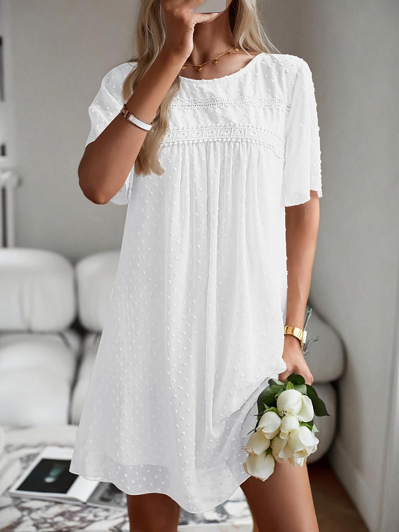 Women's Elegant Short Sleeve Chiffon Dress- A-Line Round Neck with Applique Detail, Machine Washable Lightweight Solid Color All-Season Casual& Formal Wear