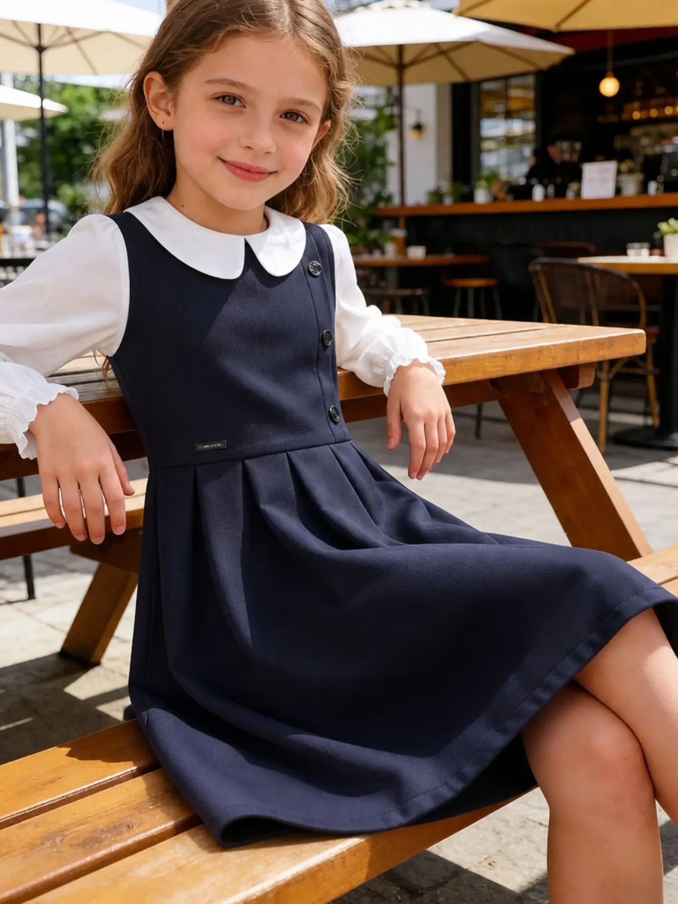 British‑Style Spliced Shirt Dress for Girls Aged 8‑12, White Petal Collar Ruffle Long‑Sleeve Navy Pleated Dress With Side Buttons, Tween Girls Four‑Season Outfit for School, Holiday, Daily Wear and Performance