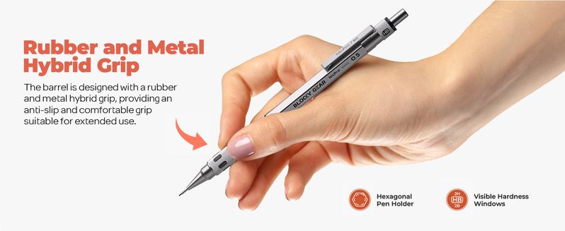 Nicpro 4 Pack Blocky Gear 0.3, 0.5, 0.7, 0.9 mm Metal Mechanical Pencils Set with Case, Lead Drafting Pencil with 8 Tube Lead Refills(HB 2B), Erasers, Eraser Refills for Art Writing Sketching Drawing