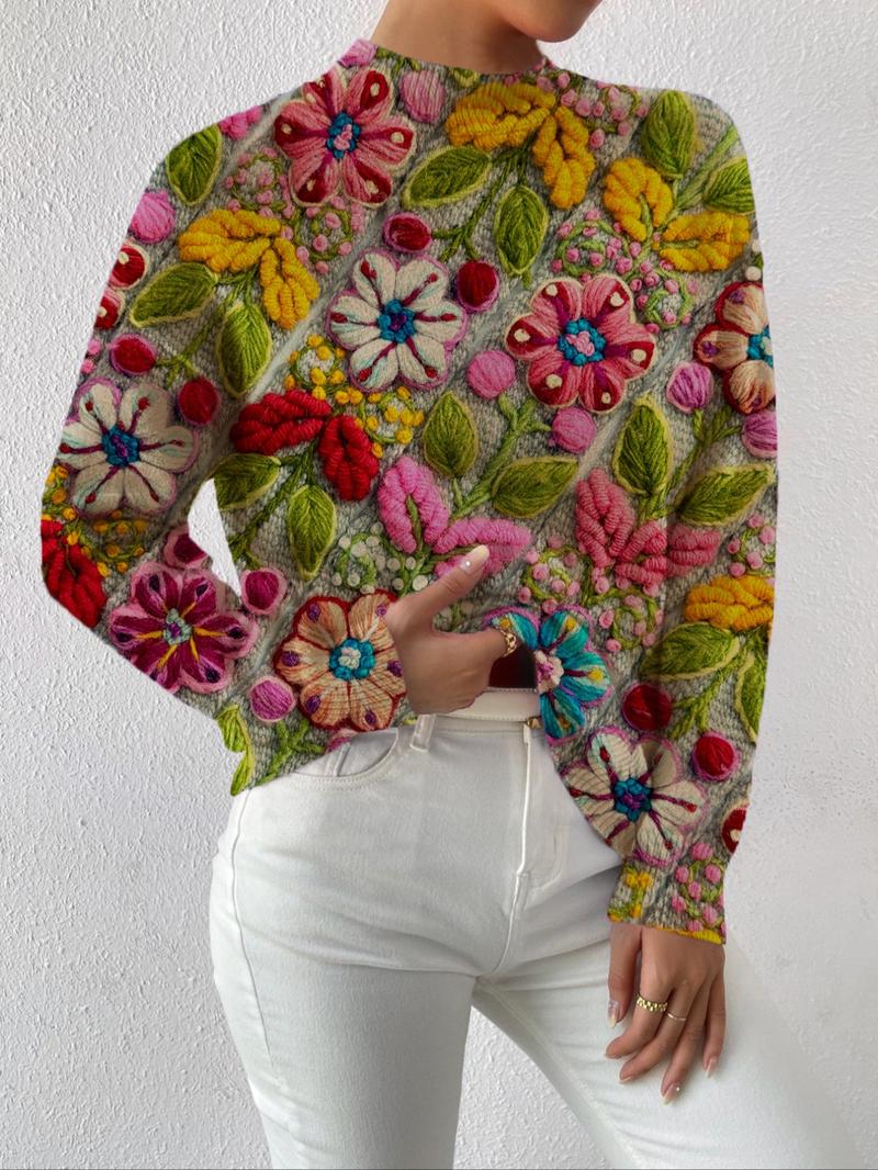 Women's Floral Knit Sweater Knitwear, Stand Collar Colorblock Embroidery Print, Casual Elegant Commuter Wear, Spring Fall Winter Fashion