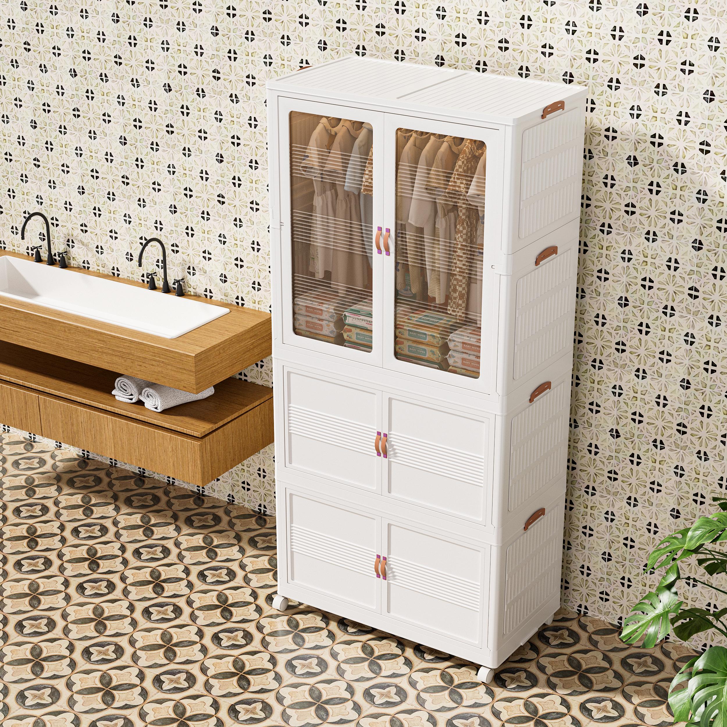 Stackable Storage Bins with Wheels – Folding Storage Cabinet with Magnetic Door, Aesthetic Plastic Organizer for Closet, Bedroom, Dorm & Kitchen