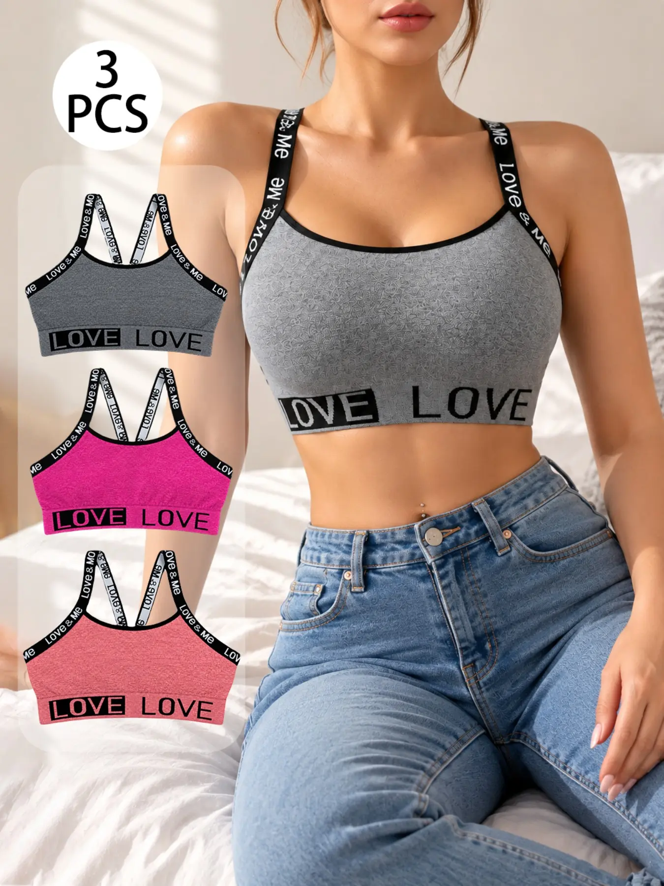 3/4/5 Pack Women's Seamless Bralettes, LOVE Letter Strap Wireless Bra Tops, Soft Stretch Comfortable Everyday Bras, Scoop Neck Camisole Style Lingerie for Women