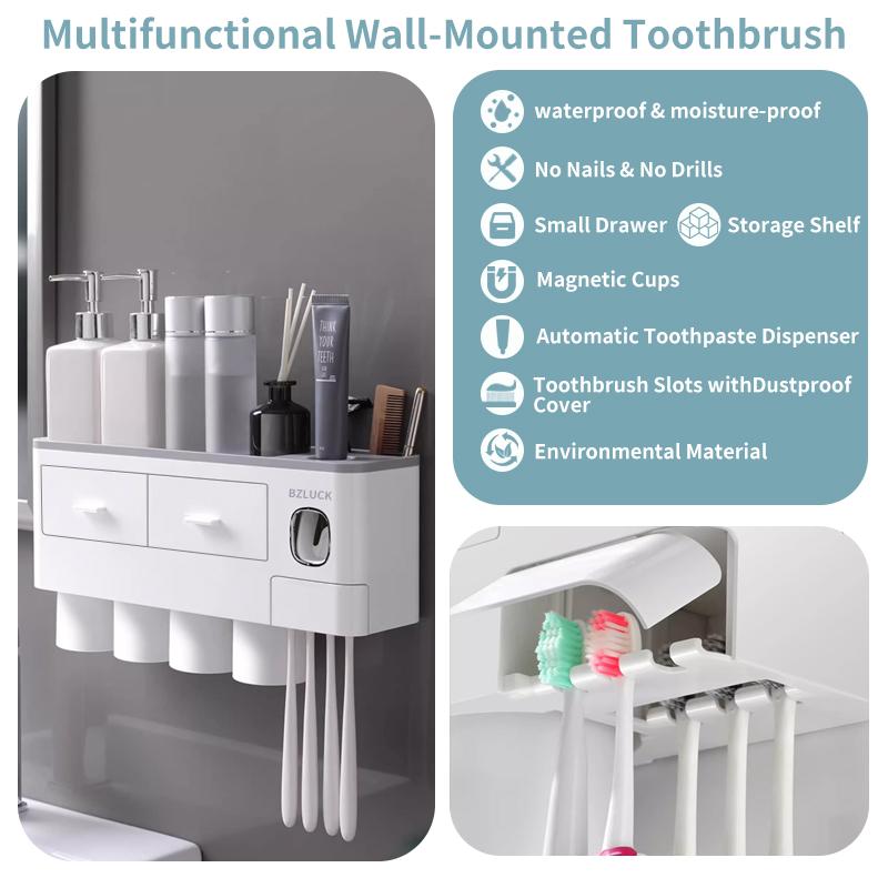 2-4 Cup Toothbrush Holders for Bathrooms - Wall Mounted with Toothpaste Dispenser - CosmeticDrawe, Large Capacity Tray & Bathroom Accessories Bottles Home Goods Organizer Organizing