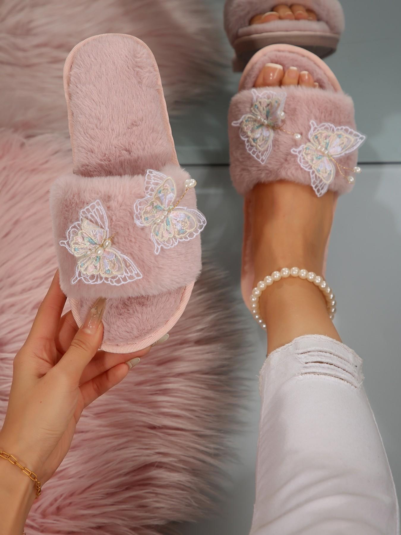 Fashion Soft Sole Comfortable Slippers, Butterfly Decoration, Indoor & Outdoor, Textile Upper, Casual Style, Multi-Functional Shoe