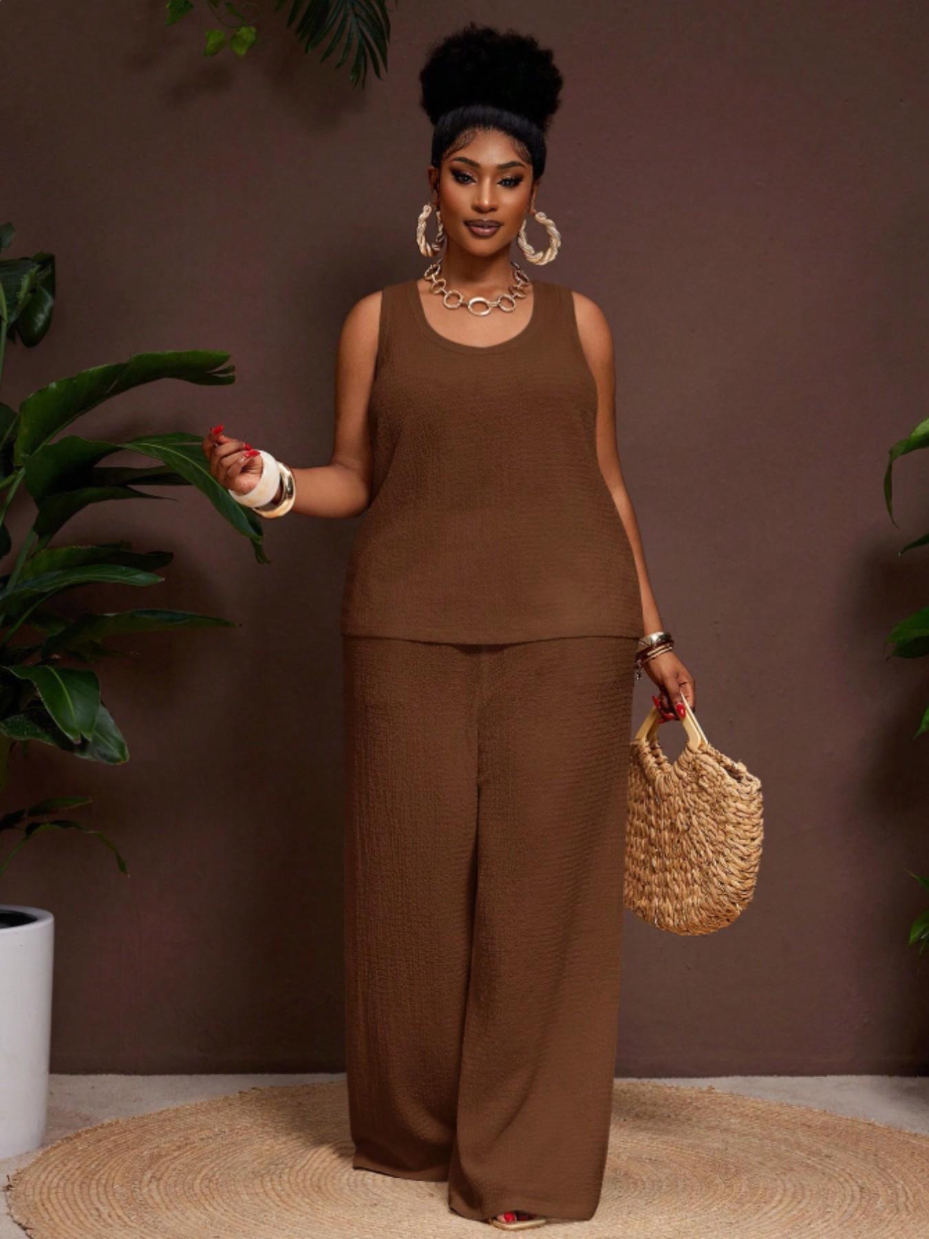 Plus Size Women's Comfortable U-Neck Sleeveless Solid Top with Pockets, Loose Fit Textured Tank, Wide Leg Pants, Business Casual Chic Womenswear Set